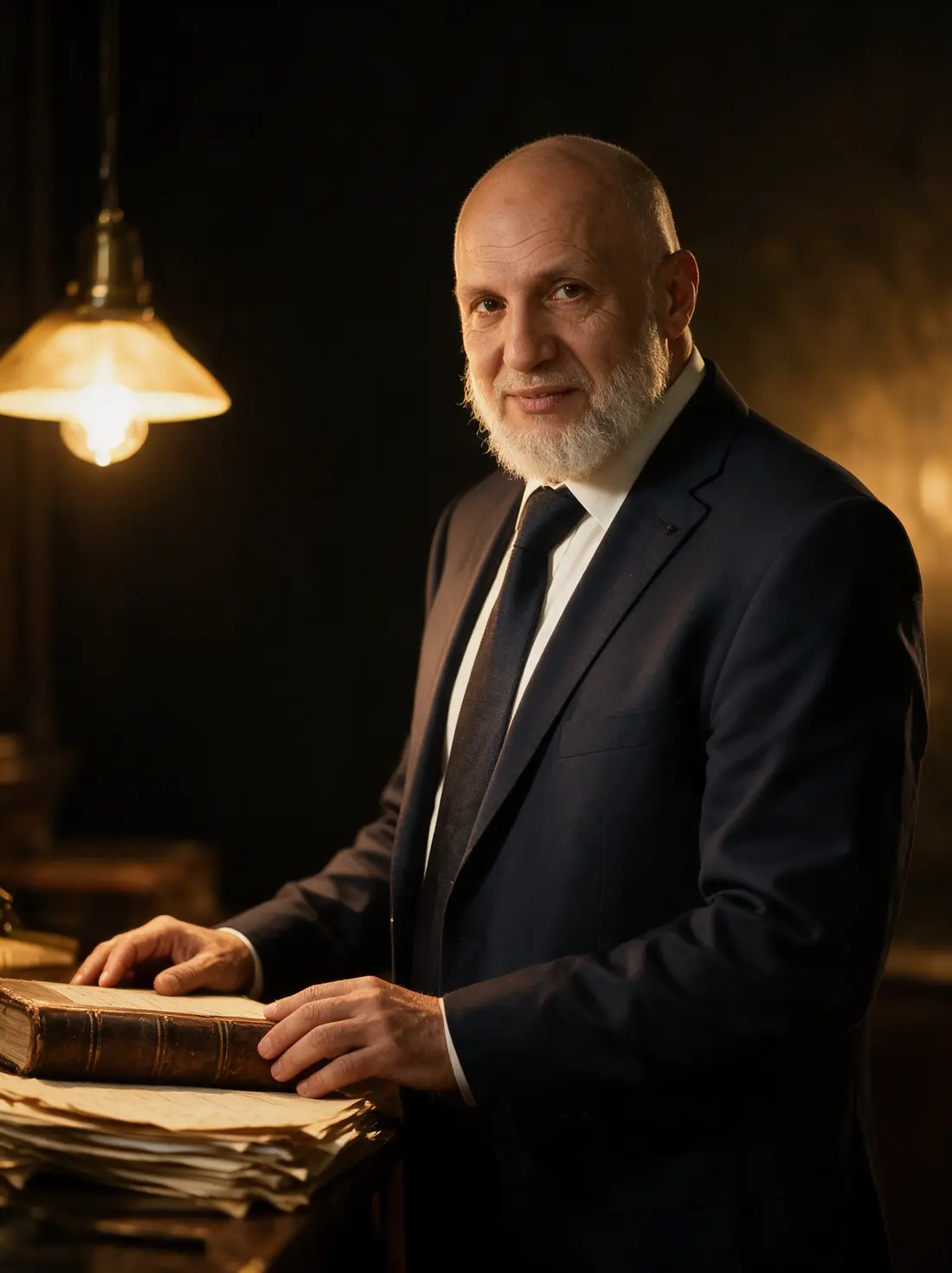 Cinematic portrait of Abdelrahman Kandeel at a lamplit desk with ledgers