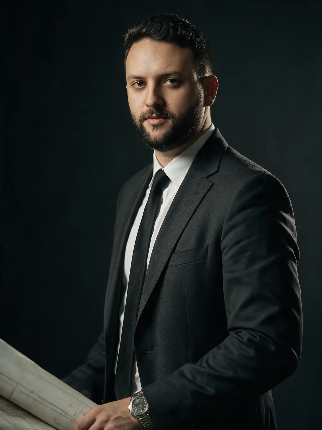 Cinematic portrait of Ziad Kandeel holding architectural plans