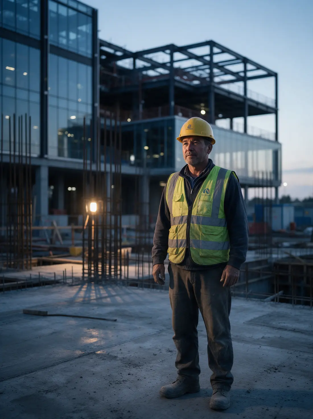 Cinematic portrait of a construction foreman on a concrete deck at dusk
