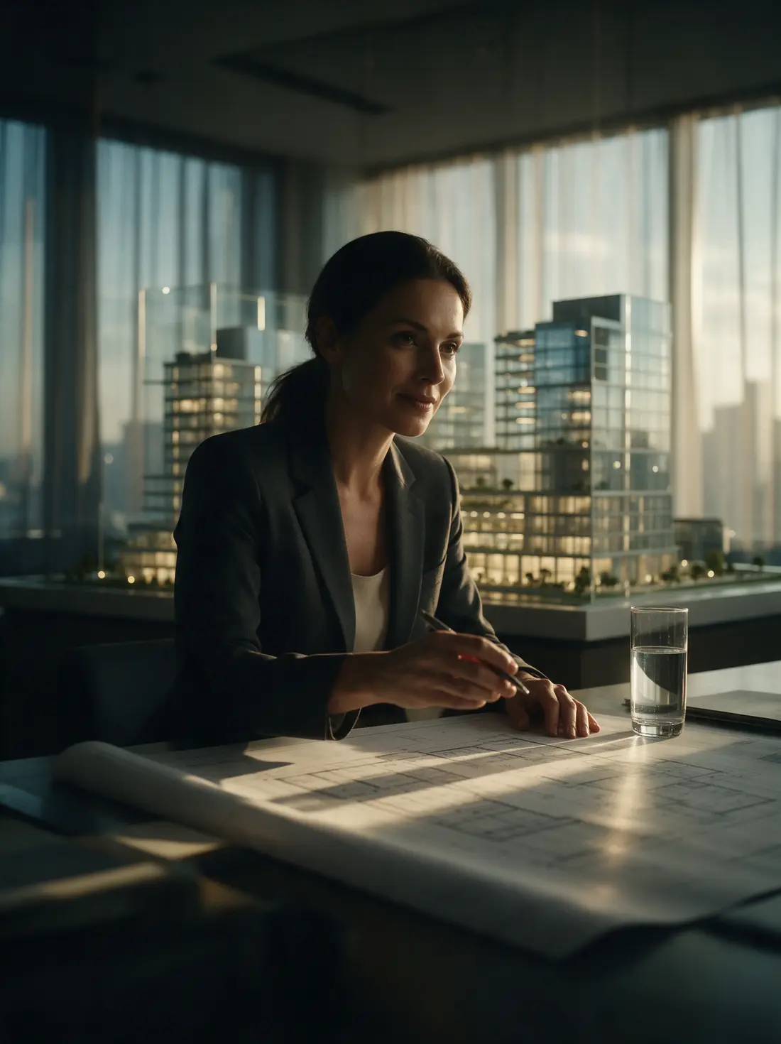A sales consultant at a desk with floor plans, a building model behind the glass